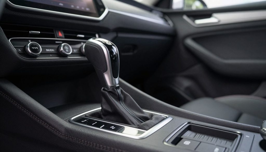 A close-up view of a Skoda vehicle's gear selector ('keuzehendel') in a well-lit car interior, showcasing the intricate details and materials of the part. The foreground focuses on the gear selector, highlighting its design and texture, with a glossy finish reflecting light subtly. The middle ground features the driver's seat and dashboard, emphasizing the Skoda branding prominently in a sophisticated, modern setting. The background is softly blurred, hinting at a tidy workshop environment, conveying a sense of professionalism and expertise. The lighting is bright yet soft, creating a clean and inviting atmosphere that hints at a meticulous repair process. The image should be devoid of any text, overlays, or branding, specifically focusing on the 'keuzehendel skoda' meant for a professional audience. airbagcrashdata.