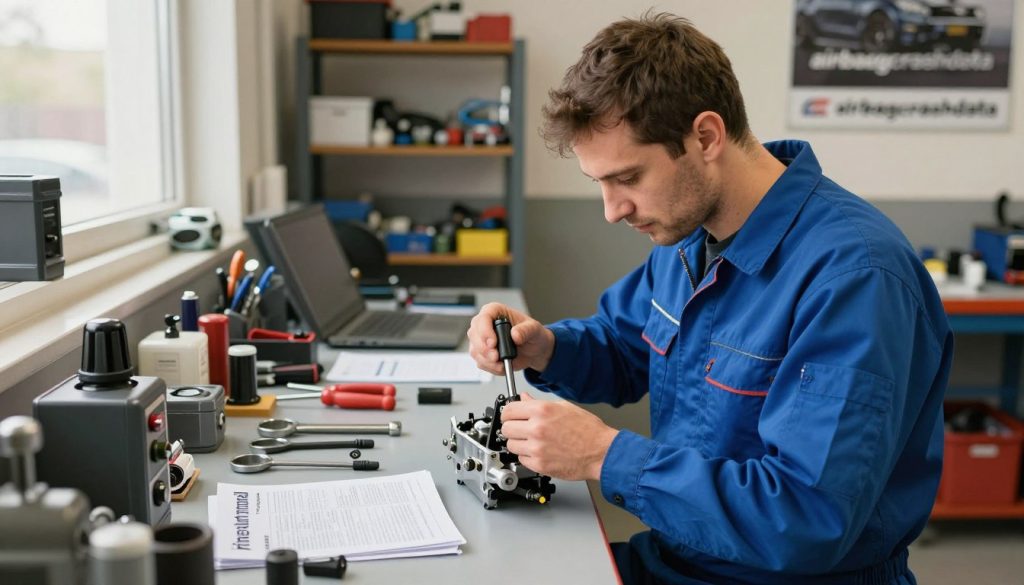A skilled "keuzehendel monteur" working diligently in a well-lit automotive repair shop, wearing a professional blue mechanic's uniform. In the foreground, the mechanic is focused on repairing a bright, intricate choice lever control mechanism, showcasing detailed tools laid out neatly beside them. The middle ground features a clean, organized workspace with automotive parts and manuals referencing various brands. The background shows shelves stocked with equipment and parts, with soft natural light filtering in through a window, creating a warm and inviting atmosphere. The overall mood conveys expertise and professionalism, highlighting the importance of skilled repairs in the automotive industry. The brand "airbagcrashdata" is subtly integrated into the scene through a branded tool or poster on the wall.